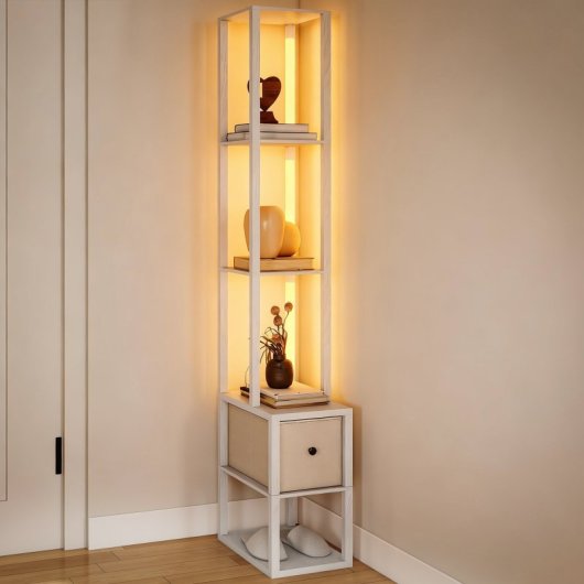 Homcom Lámpara De Pie Moderna 169 Cm Con Estantes Abiertos Cajón De Tela Blanco