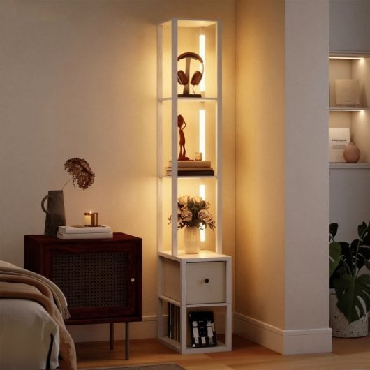 Homcom Lámpara De Pie Moderna 169 Cm Con Estantes Abiertos Cajón De Tela Blanco