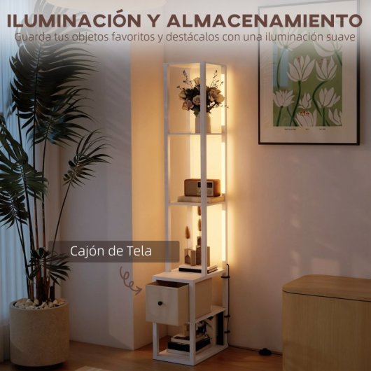 Homcom Lámpara De Pie Moderna 169 Cm Con Estantes Abiertos Cajón De Tela Blanco