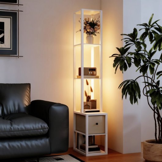 Homcom Lámpara De Pie Moderna 169 Cm Con Estantes Abiertos Cajón De Tela Blanco