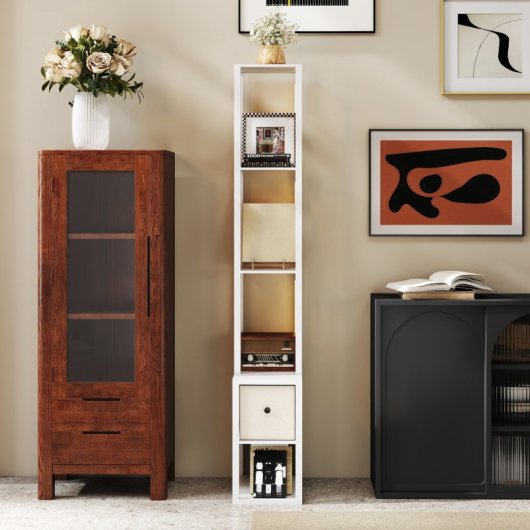 Homcom Lámpara De Pie Moderna 169 Cm Con Estantes Abiertos Cajón De Tela Blanco