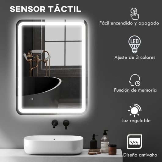 Homcom Espejo De Baño Con Luces Led 60x80 Cm 3 Temperaturas De Color Regulable