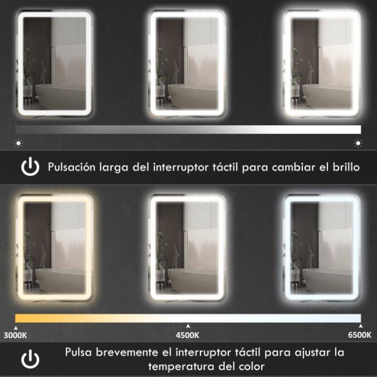 Homcom Espejo De Baño Con Luces Led 60x80 Cm 3 Temperaturas De Color Regulable