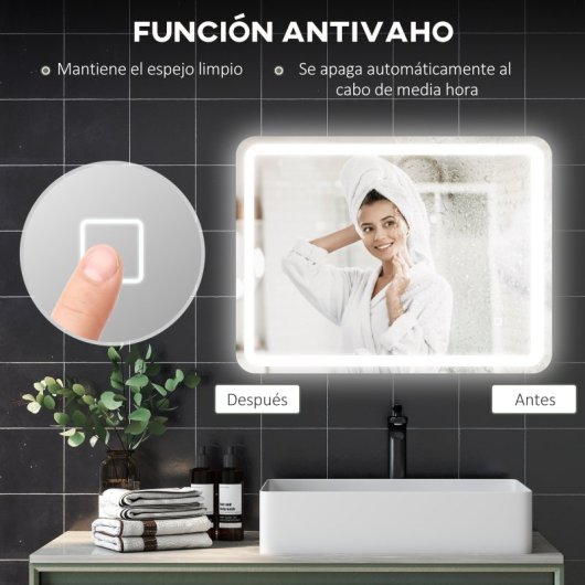 Homcom Espejo De Baño Con Luces Led 60x80 Cm 3 Temperaturas De Color Regulable