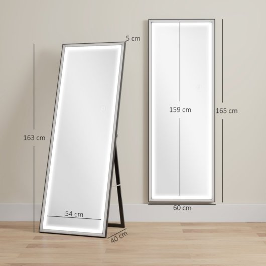 Homcom Espejo De Pie Cuerpo Entero Con Luces 165x60 Cm Blanco Y Negro