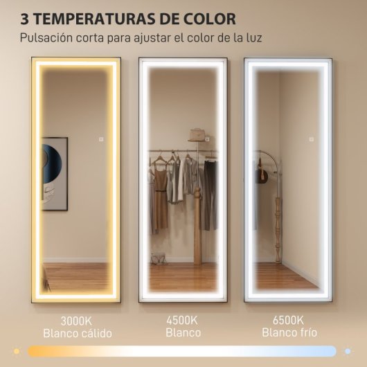 Homcom Espejo De Pie Cuerpo Entero Con Luces 165x60 Cm Blanco Y Negro
