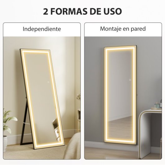 Homcom Espejo De Pie Cuerpo Entero Con Luces 165x60 Cm Blanco Y Negro