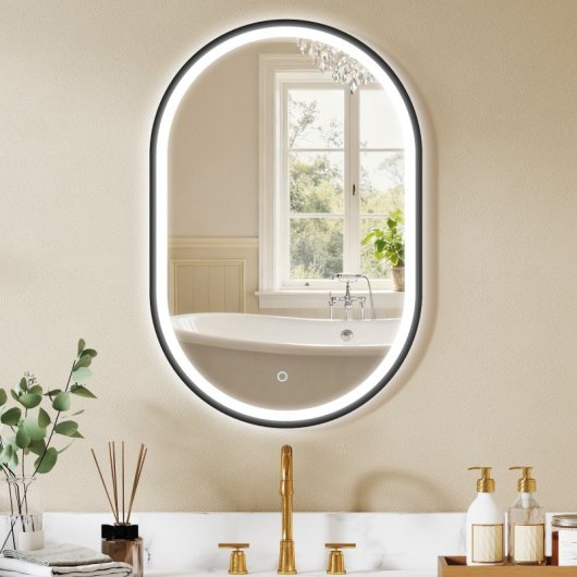 Homcom Espejo De Baño Con Luz De Pared Ovalado 60x90 Cm 3 Colores De Luz Negro