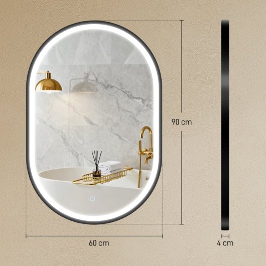 Homcom Espejo De Baño Con Luz De Pared Ovalado 60x90 Cm 3 Colores De Luz Negro