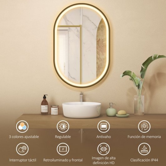 Homcom Espejo De Baño Con Luz De Pared Ovalado 60x90 Cm 3 Colores De Luz Negro