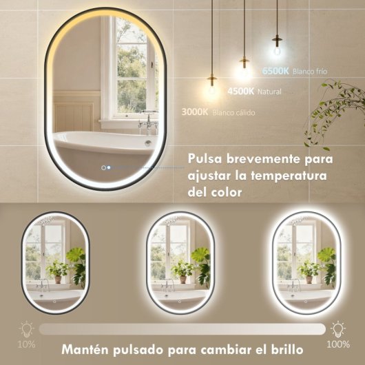 Homcom Espejo De Baño Con Luz De Pared Ovalado 60x90 Cm 3 Colores De Luz Negro