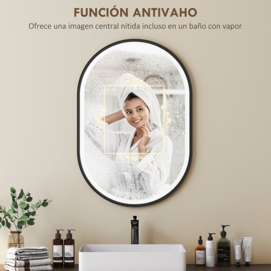 Homcom Espejo De Baño Con Luz De Pared Ovalado 60x90 Cm 3 Colores De Luz Negro