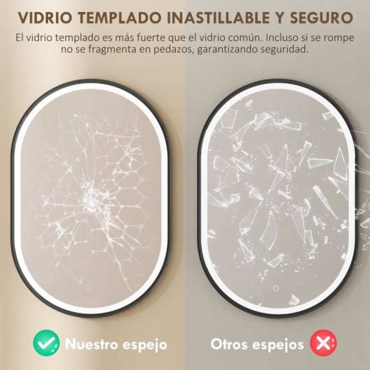 Homcom Espejo De Baño Con Luz De Pared Ovalado 60x90 Cm 3 Colores De Luz Negro