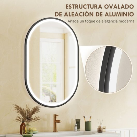 Homcom Espejo De Baño Con Luz De Pared Ovalado 60x90 Cm 3 Colores De Luz Negro