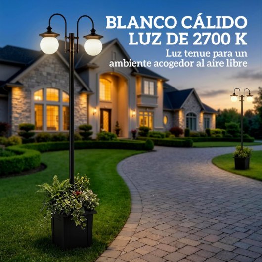 Outsunny Farola Solar Exterior De Jardín Con Macetero 2 Cabezales Impermeable
