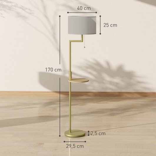 Homcom Lámpara De Pie Con Estante 40w Pantalla De Lino Ø40x170 Cm Dorado