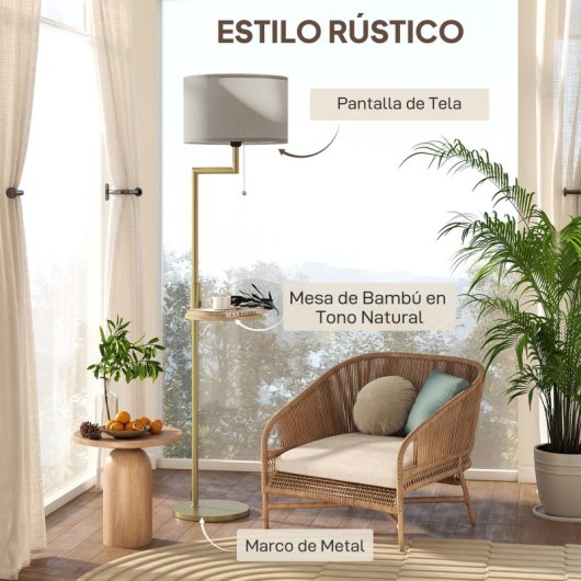 Homcom Lámpara De Pie Con Estante 40w Pantalla De Lino Ø40x170 Cm Dorado