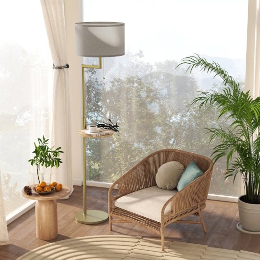 Homcom Lámpara De Pie Con Estante 40w Pantalla De Lino Ø40x170 Cm Dorado