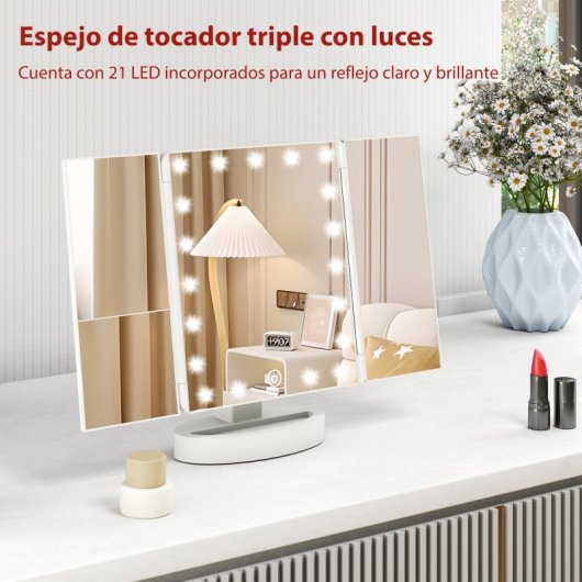 Homcom Espejo Maquillaje Con Luz Aumento 1x/2x/3x 21 Luces Led Blanco