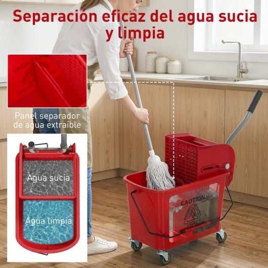 Homcom Cubo De Fregona Con Ruedas Capacidad De 20 L Mopa Rojo