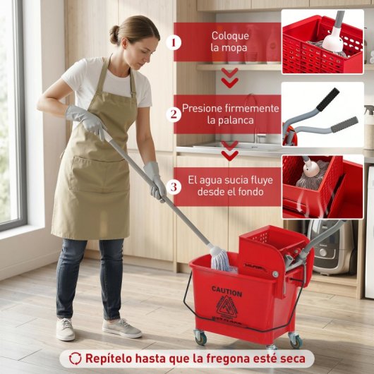 Homcom Cubo De Fregona Con Ruedas Capacidad De 20 L Mopa Rojo