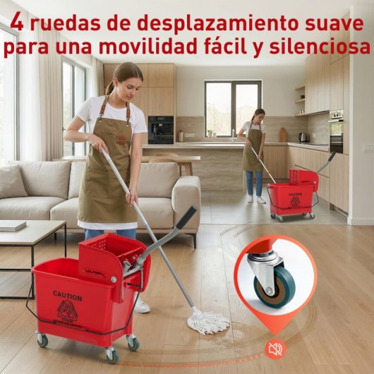 Homcom Cubo De Fregona Con Ruedas Capacidad De 20 L Mopa Rojo