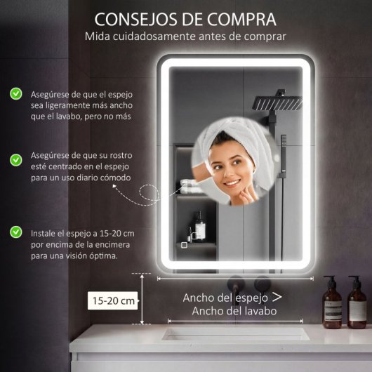 Homcom Espejo De Baño Con Luces Led 70x100 Cm 3 Temperaturas De Color Regulable