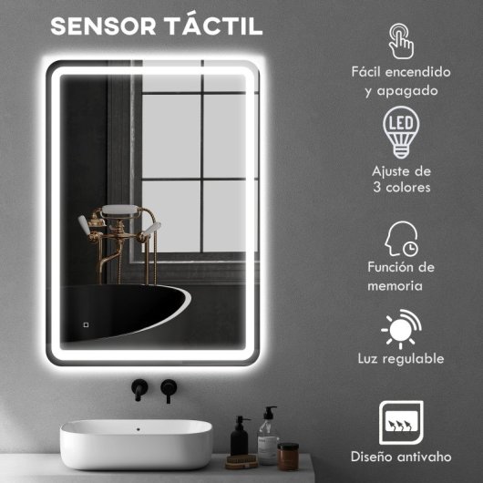 Homcom Espejo De Baño Con Luces Led 70x100 Cm 3 Temperaturas De Color Regulable