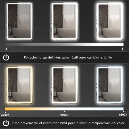Homcom Espejo De Baño Con Luces Led 70x100 Cm 3 Temperaturas De Color Regulable