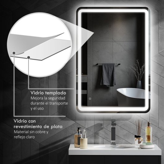 Homcom Espejo De Baño Con Luces Led 70x100 Cm 3 Temperaturas De Color Regulable