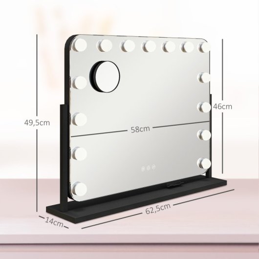 Homcom Hollywood Espejo De Maquillaje Con Luz 58x46 Cm Con 14 Bombillas Negro