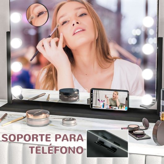 Homcom Hollywood Espejo De Maquillaje Con Luz 58x46 Cm Con 14 Bombillas Negro