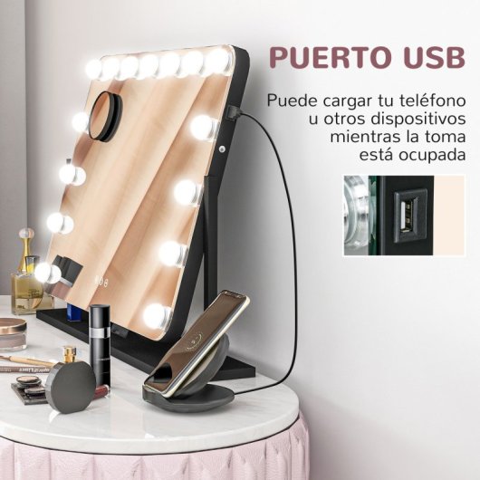 Homcom Hollywood Espejo De Maquillaje Con Luz 58x46 Cm Con 14 Bombillas Negro