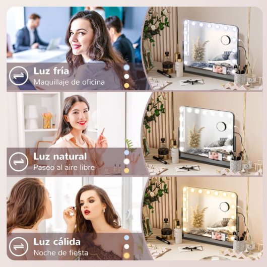 Homcom Hollywood Espejo De Maquillaje Con Luz 58x46 Cm Con 14 Bombillas Negro