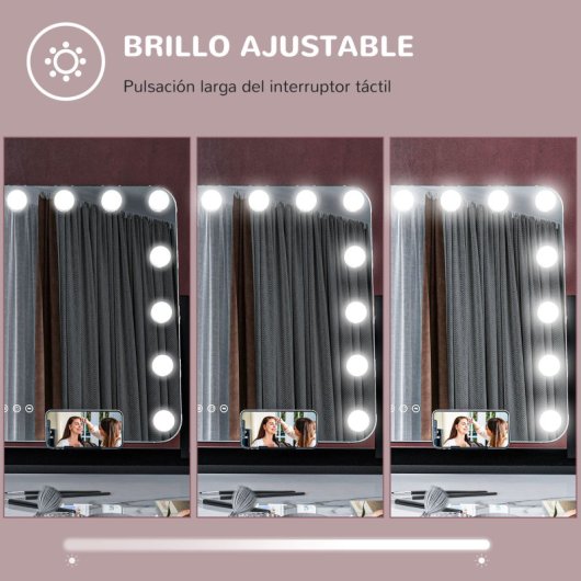 Homcom Hollywood Espejo De Maquillaje Con Luz 58x46 Cm Con 14 Bombillas Negro