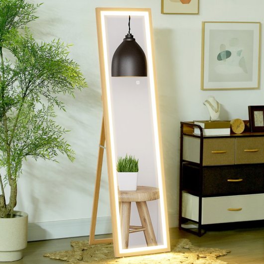 Homcom Espejo De Cuerpo Entero Con Luz Led 160x40 Cm Con Soporte Roble