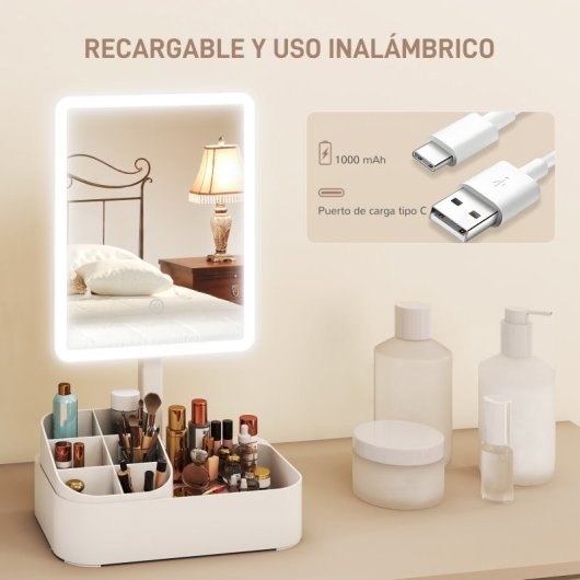 Homcom Espejo Maquillaje Con Luz Led Recargable Rotación De 180° Blanco