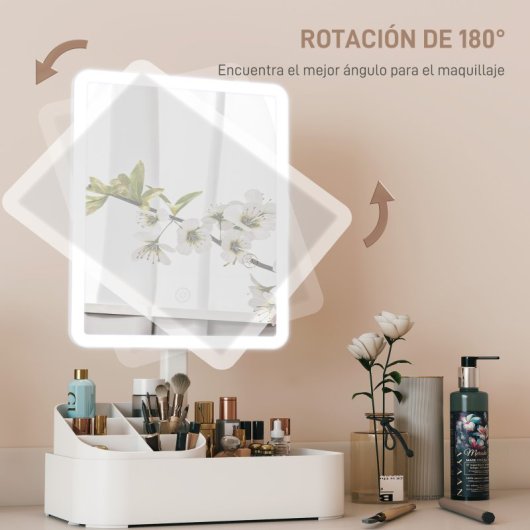 Homcom Espejo Maquillaje Con Luz Led Recargable Rotación De 180° Blanco