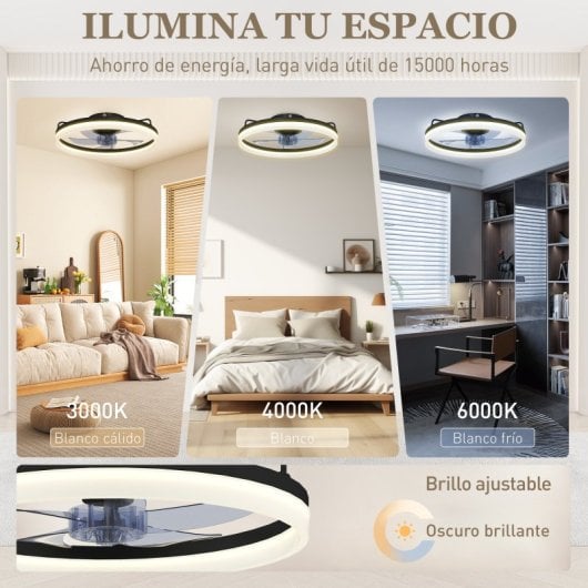 Ventoinha de Teto com Luz HOMCOM B31-640V00BK 40W Ø50cm 6 Velocidades Motor DC Reversível Comando