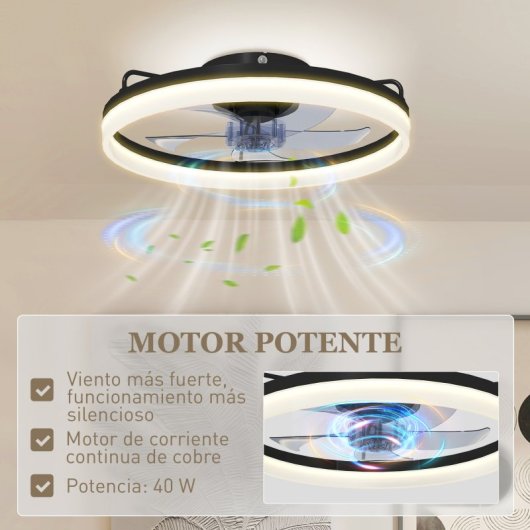 Ventoinha de Teto com Luz HOMCOM B31-640V00BK 40W Ø50cm 6 Velocidades Motor DC Reversível Comando