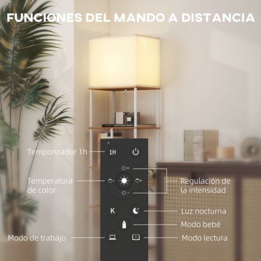 Homcom Lámpara De Pie Con Estantes Temperaturas De Color Ajustable Natural