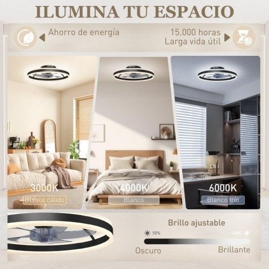 Ventoinha de Teto com Luz HOMCOM B31-646V00BK 45W Ø50cm 6 Velocidades Motor DC Reversível Comando