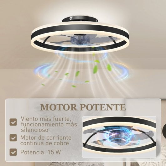 Ventoinha de Teto com Luz HOMCOM B31-646V00BK 45W Ø50cm 6 Velocidades Motor DC Reversível Comando