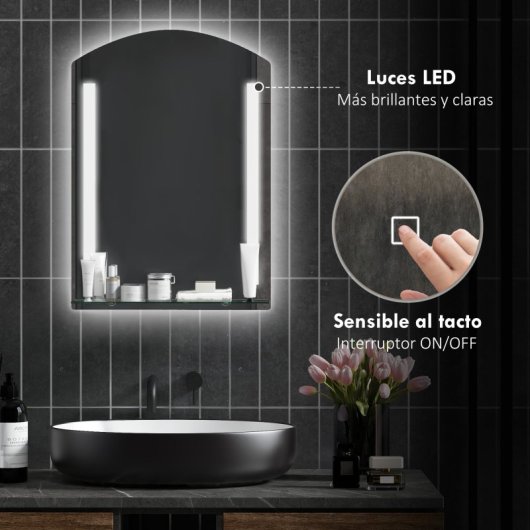 Kleankin Espejo De Baño Con Luces Led 70x50 Cm Con Interruptor Táctil Plata