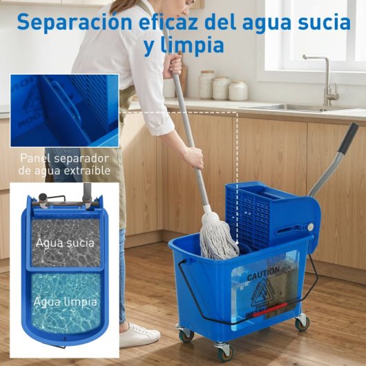 Homcom Cubo De Fregona Con Ruedas Capacidad De 20 L Mopa Azul