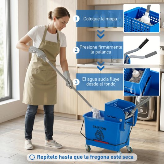 Homcom Cubo De Fregona Con Ruedas Capacidad De 20 L Mopa Azul