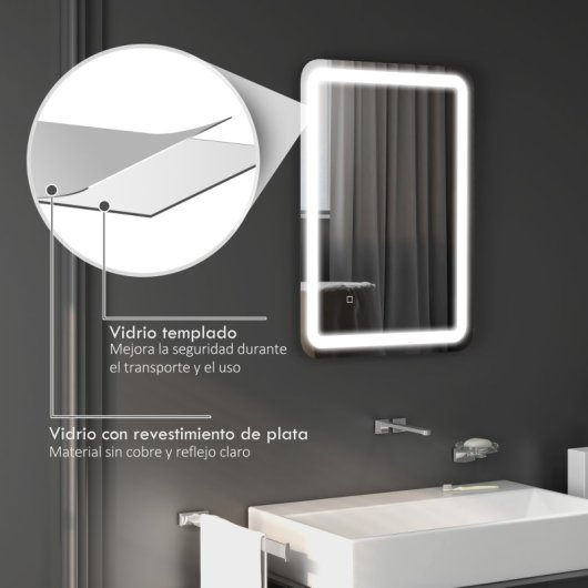 Homcom Espejo De Baño Con Luces Led 50x70 Cm 3 Temperaturas De Color Regulable