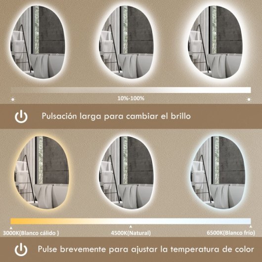 Homcom Espejo De Baño Con Luz Led 70x50 Cm Sin Marco Ip44