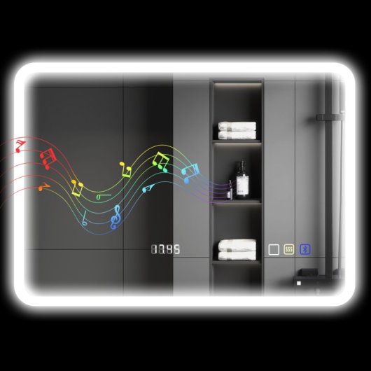 Homcom Espejo De Baño Con Luz Led 70x50 Cm Con Bluetooth Reloj Digital