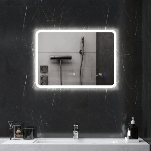 Homcom Espejo De Baño Con Luz Led 70x50 Cm Con Bluetooth Reloj Digital